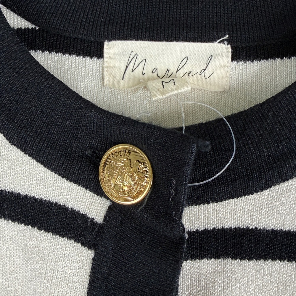 Marled Womens Striped Cardigan Sweater Gold Crest Buttons Black cream Size M - Picture 5 of 8